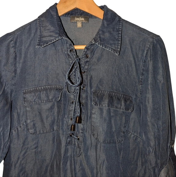 Neiman Marcus Lace Up Pull Tab Sleeve Tencel Collared Denim Chambray Mini Dress - Picture 3 of 8